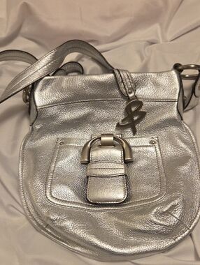 Metallic Silver Leather Shoulder Bag with Buckle Accent